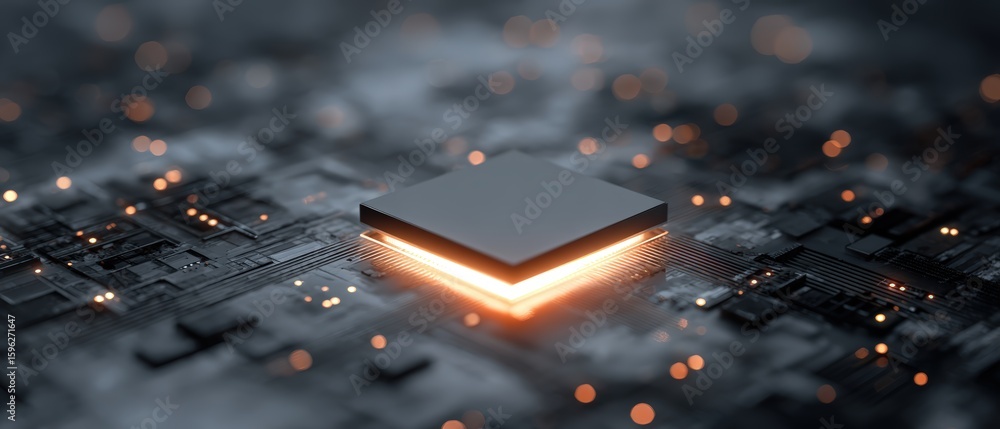 Poster abstract close up of glowing ai chip surrounded by detailed microcircuits on dark tech surface, idea
