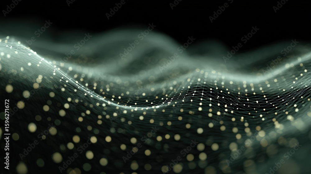 Poster abstract 3d wave landscape with glowing connected dots forming digital mesh pattern on dark backgrou