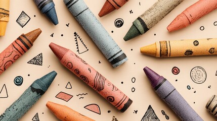 Vibrant crayon doodles showcasing playful geometric shapes and colorful scribbles created by children, perfect for early childhood education materials and creative learning content promotion