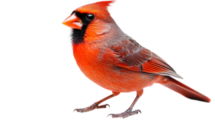A vibrant red male Northern Cardinal stands in profile against a white background, showcasing its distinctive crest and black mask.