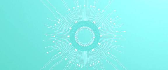 White circular circuit pattern radiating from center, on pale cyan backdrop. Abstract tech UI interface design, AI and innovation themed vector background.

