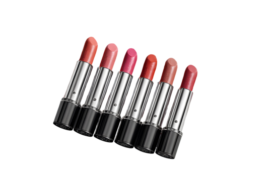 Elegant array of lipsticks in various shades on a sleek black background