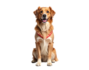 A friendly golden-brown dog sits attentively, wearing a festive red harness with star patterns