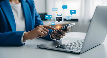 AI Chatbot Interaction on Mobile Device A Businesswoman Engages with Artificial Intelligence for Enhanced Communication and Efficiency in