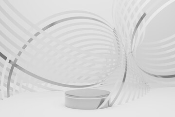 White abstract stage mockup - silver round podium, sleek white lines as dynamic spiral pattern on...