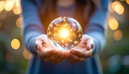 Fototapeta premium Hands Holding Glowing Crystal Ball with Blue Light, Symbol of Future Technology, Innovation, Magic, Science, Clairvoyance, Psychic Energy, Artificial Intelligence Concept, Closeup Human Hand, Mystery