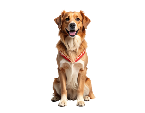 A friendly golden-brown dog sits attentively, wearing a festive red harness with star patterns