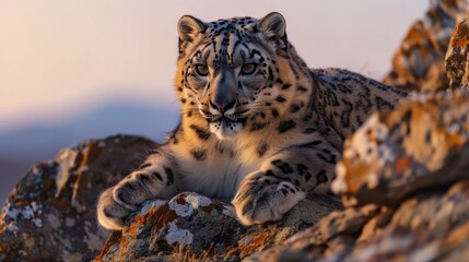 Snow leopard resting atop a rocky outcrop.