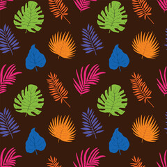 Seamless vector pattern of vibrant tropical leaves on a brown background