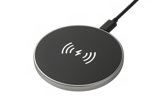 Black wireless charging pad with silver rim and connected usb cable, isolated on transparent background, ready for charging