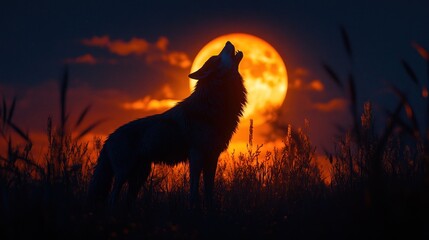 Silhouetted wolf howls at blood-orange moon