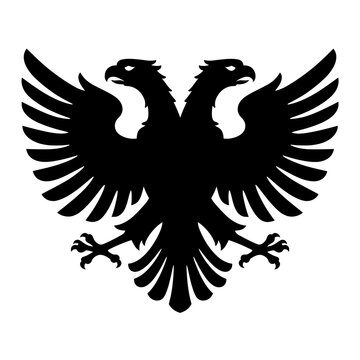 A powerful black silhouette of a double-headed eagle with spread wings and sharp talons, on a light background.