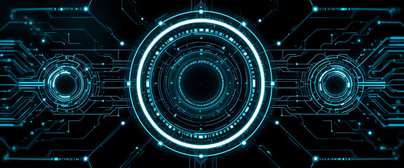 Obraz premium Futuristic black interface with white and teal concentric circuit patterns, digital grid overlay and glowing nodes. High-res AI vector.