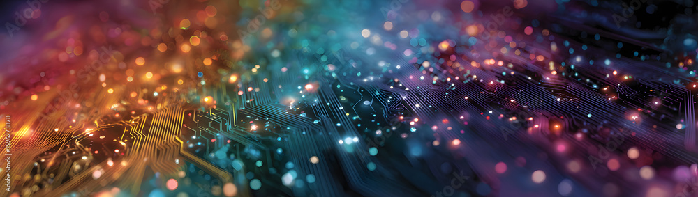 Poster a vibrant, abstract representation of data streams and circuitry, showcasing intricate of light and 