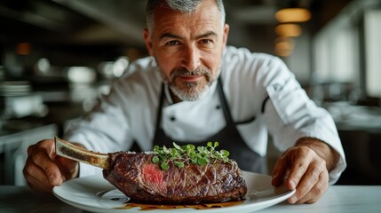 Professional chef presenting premium wagyu steak tomahawk with perfect medium-rare doneness and microgreens garnish in upscale restaurant kitchen
