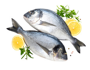 Two glistening whole fish, perfectly prepared with bright lemon slices and fresh green herbs.
