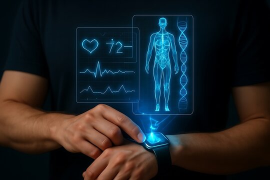 Man interacting with futuristic medical data hologram on smartwatch human anatomy - Powered by Adobe