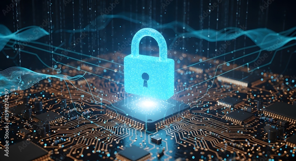 Poster digital fortress a shimmering blue padlock secures a complex circuit board, symbolizing impenetrable