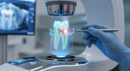 Advanced Dental Technology A holographic tooth projection is meticulously examined using a digital instrument in a modern dental setting. Precision and innovation.