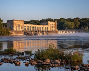 Obraz premium A historic dam and power plant at dawn.