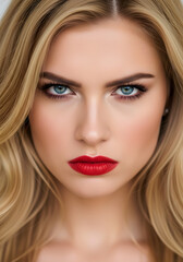 Woman with red lipstick and blue eyes is staring at the camera with a frown on her face