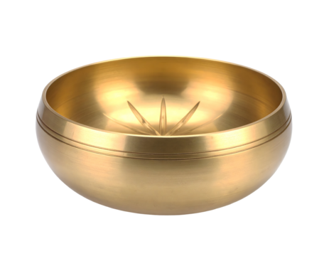 Shimmering golden bowl crafted from polished metal displays a unique sunburst pattern within its smooth interior.