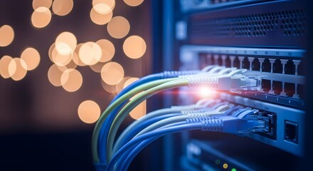 Illuminated Network Data cables connect to a server against a bokeh backdrop of warm lights, symbolizing global connectivity and fast data transfer.