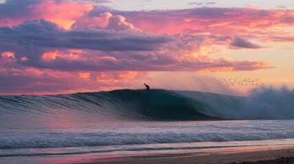 A dynamic sunset surfing scene with vibrant colored clouds in the sky
