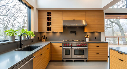 Modern Kitchen Design with Light Wood Cabinets Stainless Steel Appliances and Wine Rack Featuring a Sleek and Functional