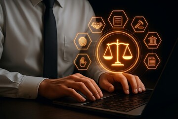 Person using laptop with glowing legal icons and scales of justice image