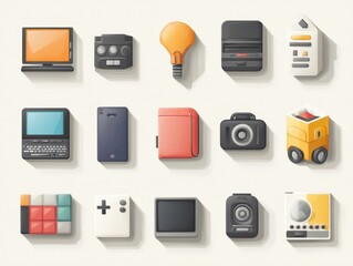 Colorful Collection of Modern Technology Icons and Gadgets in a Flat Design Style