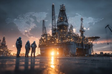 Energy pipeline visions: offshore machinery at dusk. Future energy plans. China and russia forge stronger ties in global energy supply chain. Energy network. Gas network growth.