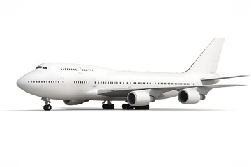 Obraz premium White jumbo jet airplane with four engines on landing gear aircraft airliner