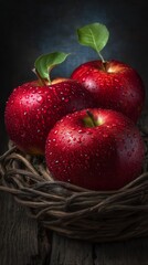 Three vibrant red apples with water droplets nestled in a rustic nest.