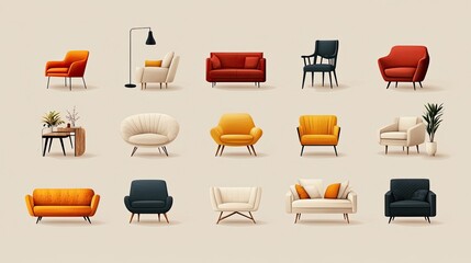 Interior design logo set featuring minimalist armchairs, modern sofas, and stylish furniture icon vector 
