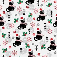 Seamless Christmas pattern featuring colorful cats with festive elements like snowflakes, holly, candy canes, gifts, and Santa hats. Ideal for holiday wrapping paper, fabric prints, greeting cards
