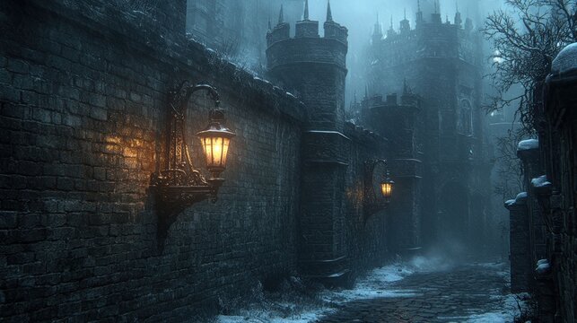 Snowy, dark alleyway with ancient stone walls and lanterns