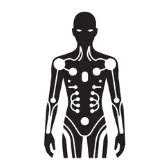 Silhouette of a humanoid figure with internal circuitry visible on a white background design concept