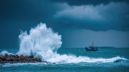 Powerful Stormy Ocean Waves Crashing on Rocks
