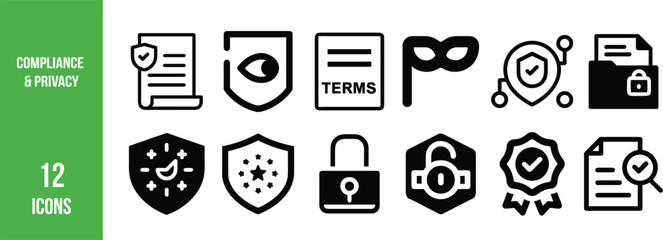 Set of 12 black and white icons representing compliance, privacy, data protection, user terms, security policies, and certifications.
