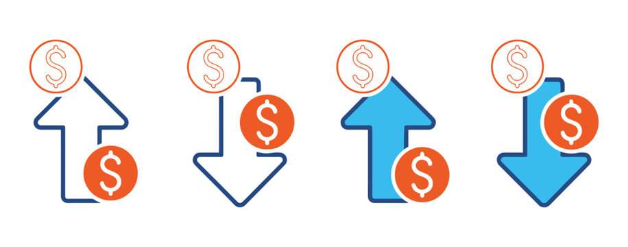 dollar increase and decrease icons set for finance profit loss vector
