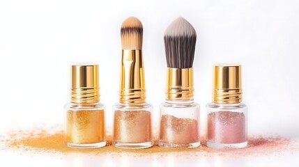 Three golden glitter polish brush strokes in different widths next to the bottle and brush, arranged for product sampling with ample copy space, full frame .