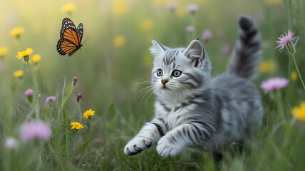 A cute grey tabby kitten in a meadow, playfully watching a butterfly.