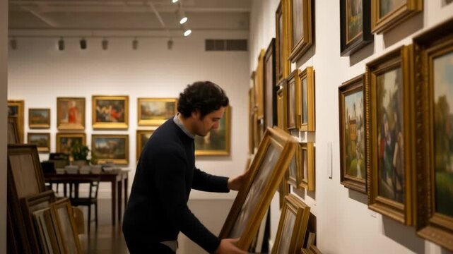 Man Examining Framed Paintings in an Art Gallery