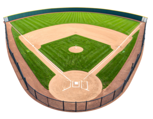High angle perspective reveals a perfectly manicured baseball field ready for a game.