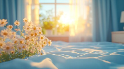 Sunrise bedroom with daisies. Soft light on a bed