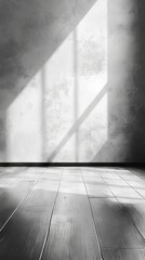 Empty Monochromatic Room with Sunlit Concrete Wall and Wooden Floor Minimalist Interior Background