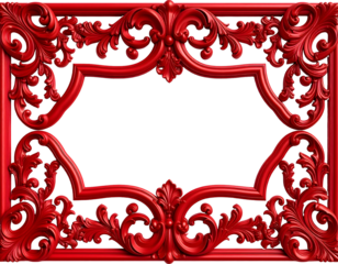 Bold red decorative frame with elaborate scroll and leaf patterns creates a rich artistic border.