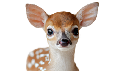 Close-up portrait of a fawn with large ears and white spots, isolated on a white background.