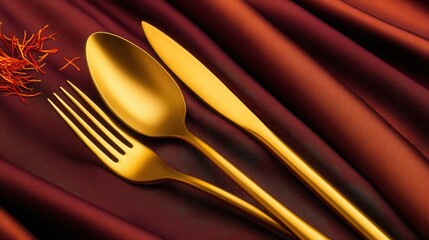 Elegant golden cutlery arranged on rich maroon fabric with saffron strands for dining setting